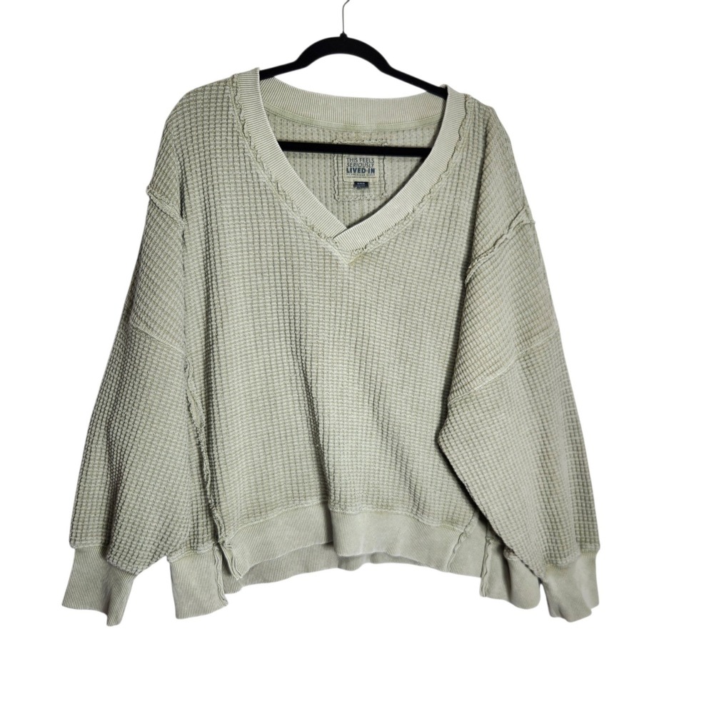 American Eagle Seriously Lived-In Waffle Knit V-Neck Sweater Sage Green Medium